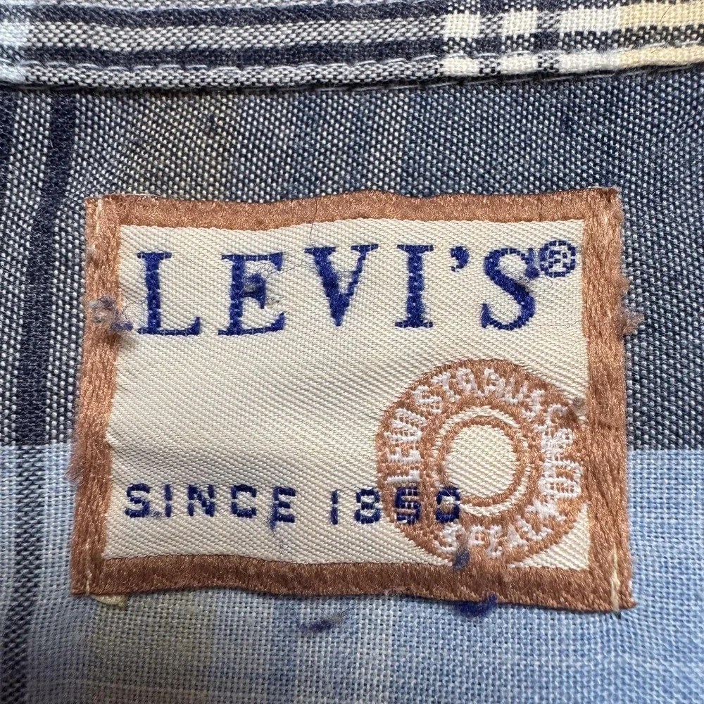 VTG Levis Shirt Mens Large Blue Yellow Plaid Button Up Long Sleeve Western Korea
